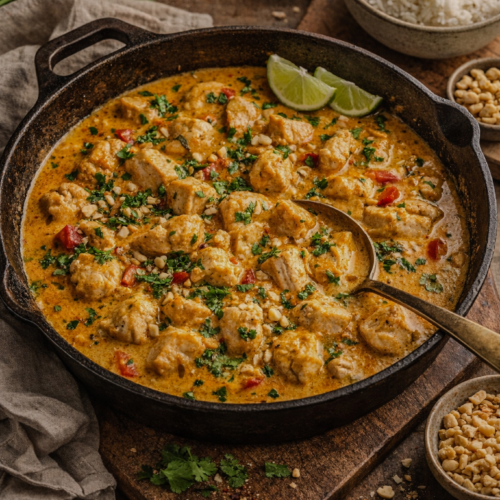 Creamy coconut chicken curry in a skillet with red bell peppers, herbs, and lime wedges