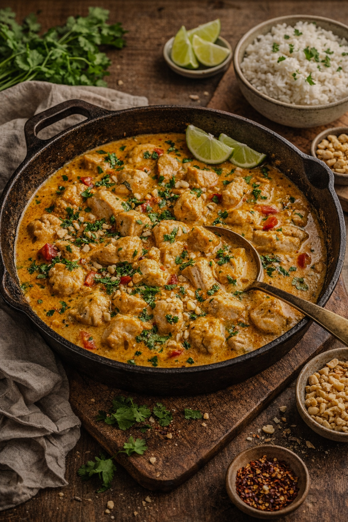 Creamy coconut chicken curry in a skillet with red bell peppers, herbs, and lime wedges