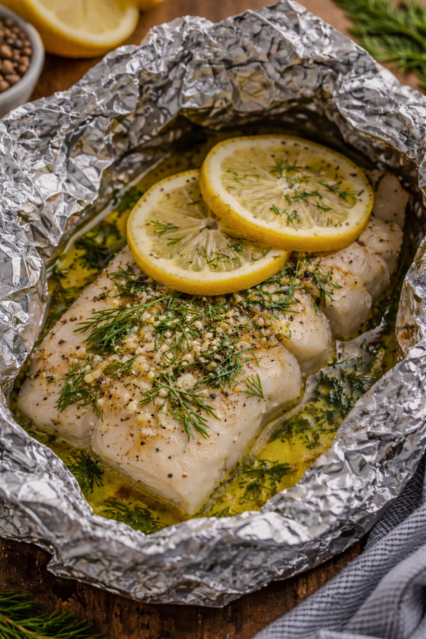 Foil-baked cod fillet with lemon slices and fresh dill, tender and flaky