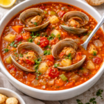 Bowl of Manhattan clam chowder with tomatoes, clams, potatoes, and vegetables