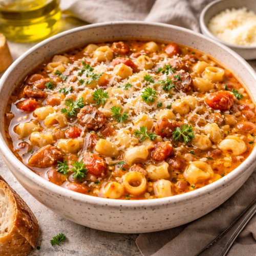 Bowl of pasta e fagioli with beans, pasta, and parmesan in a rustic bowl