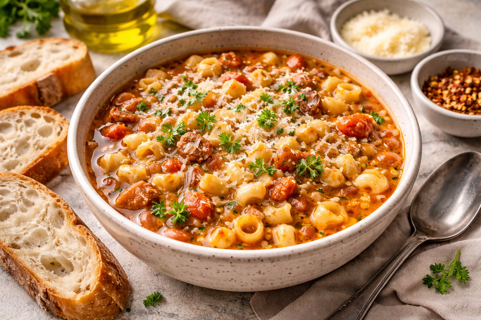 Bowl of pasta e fagioli with beans, pasta, and parmesan in a rustic bowl