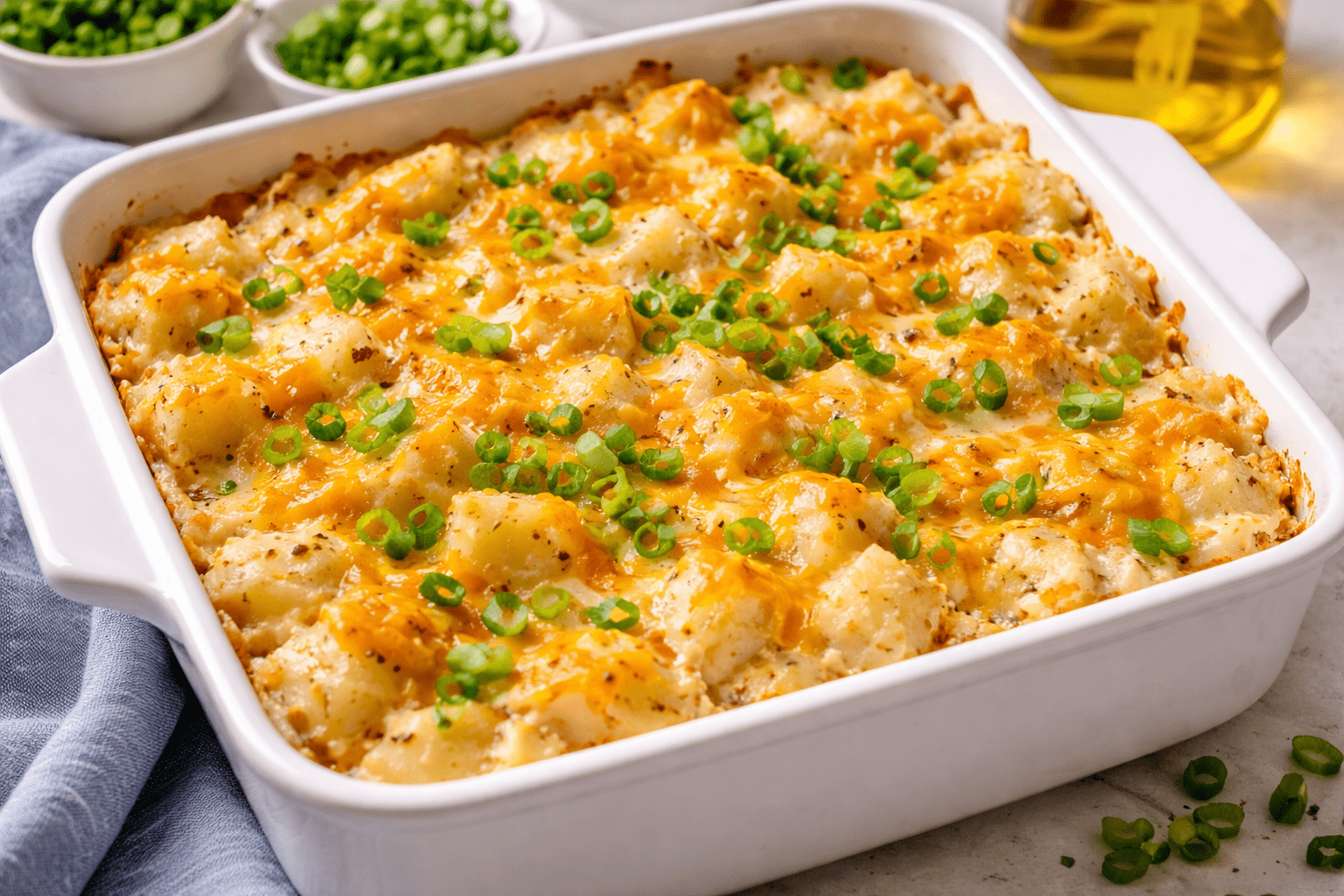 Potatoes Romanoff baked potato casserole with sour cream and cheddar cheese