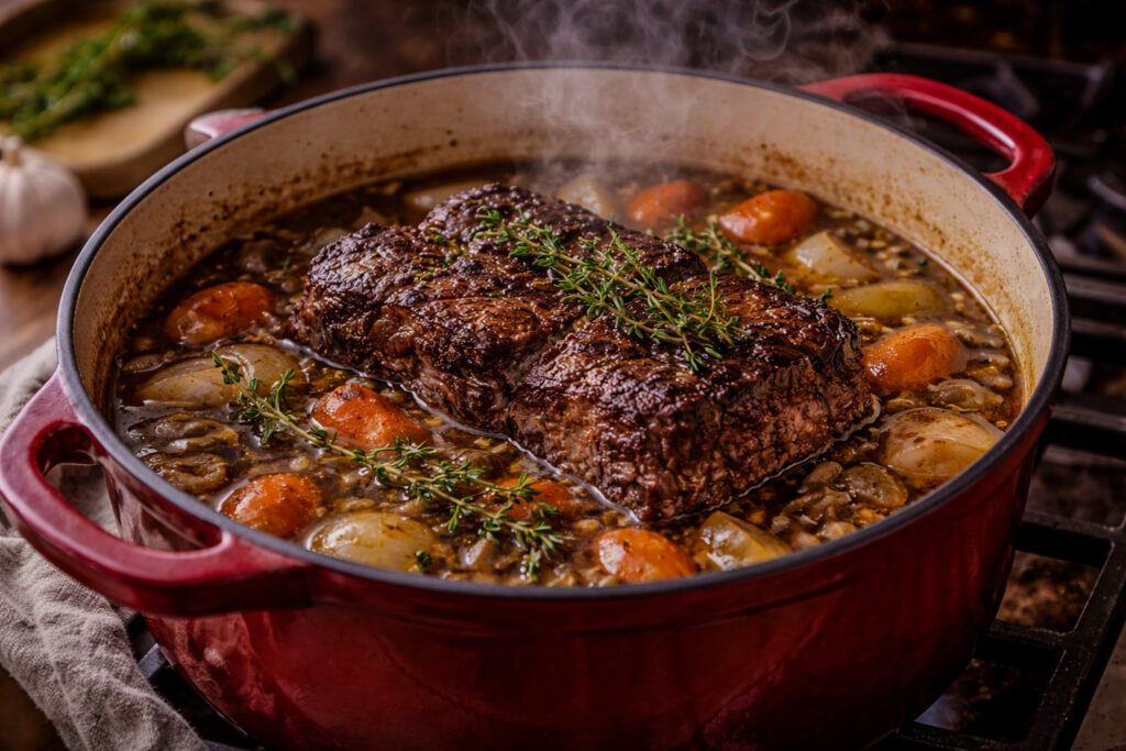 Braised beef cooking slowly in a Dutch oven with vegetables and liquid, demonstrating the braising cooking technique.