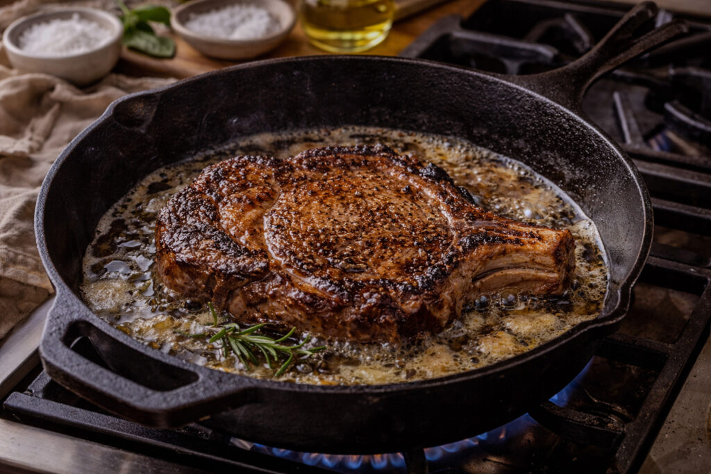Steak searing in a cast iron skillet on the stovetop showing browning and crust formation for the searing cooking technique.