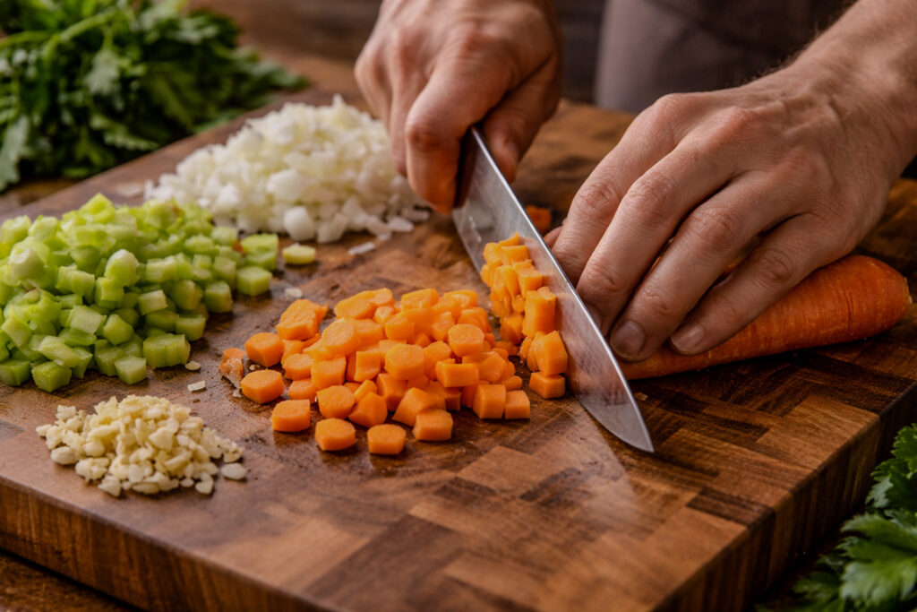 Hands chopping vegetables on a cutting board with a chef’s knife, demonstrating basic knife skills and proper cutting technique.