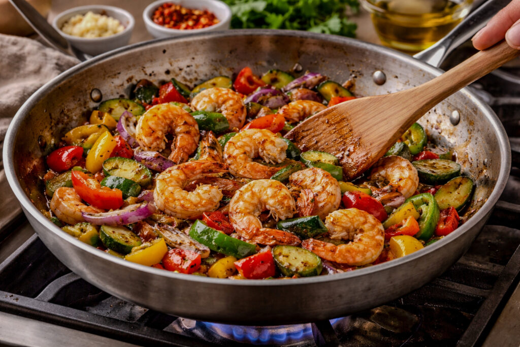 Shrimp and vegetables sautéing in a stainless steel skillet over high heat on a stovetop.