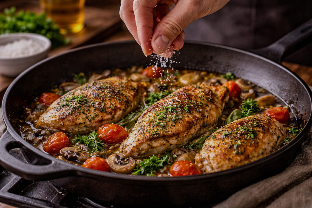 Hand sprinkling salt over a finished dish in a skillet, demonstrating proper seasoning technique at the end of cooking.