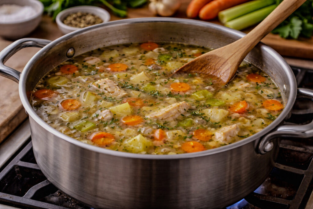 Chicken and vegetable soup gently simmering in a pot on the stove, demonstrating the simmer cooking technique.