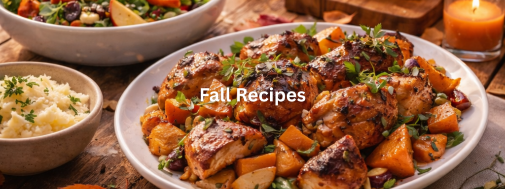 Fall recipe collection with roasted vegetables, savory pork and sausage dishes, and easy comfort meals for cooler evenings.