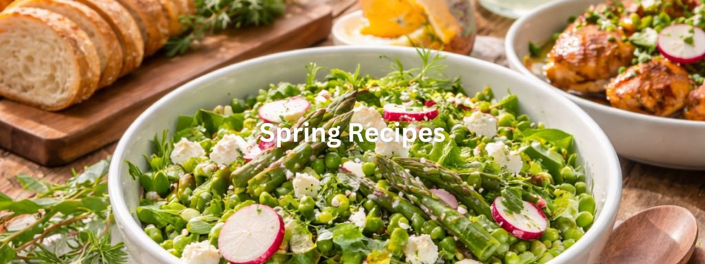 Spring recipe collection with fresh herbs, bright citrus dishes, light salads, and seasonal meals for warmer days.