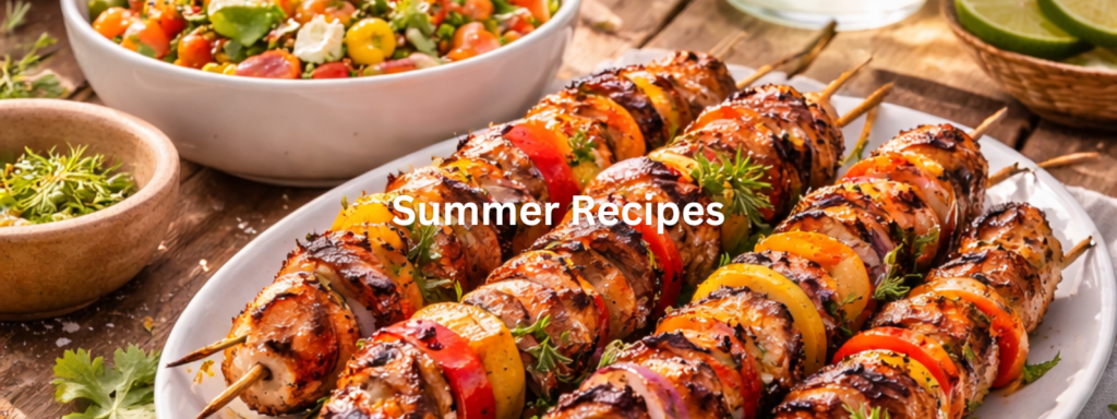 Summer recipe collection featuring grilled dishes, fresh salads, seafood, and light meals perfect for warm weather.