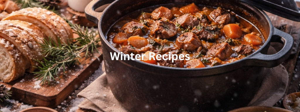 Winter comfort food collection featuring hearty soups, slow cooker meals, roasted dishes, and cozy dinners for cold nights.