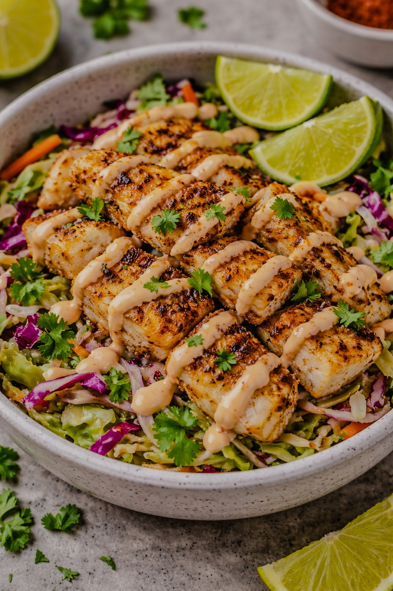 Fish taco bowl with seasoned fish, slaw, and spicy mayo drizzle