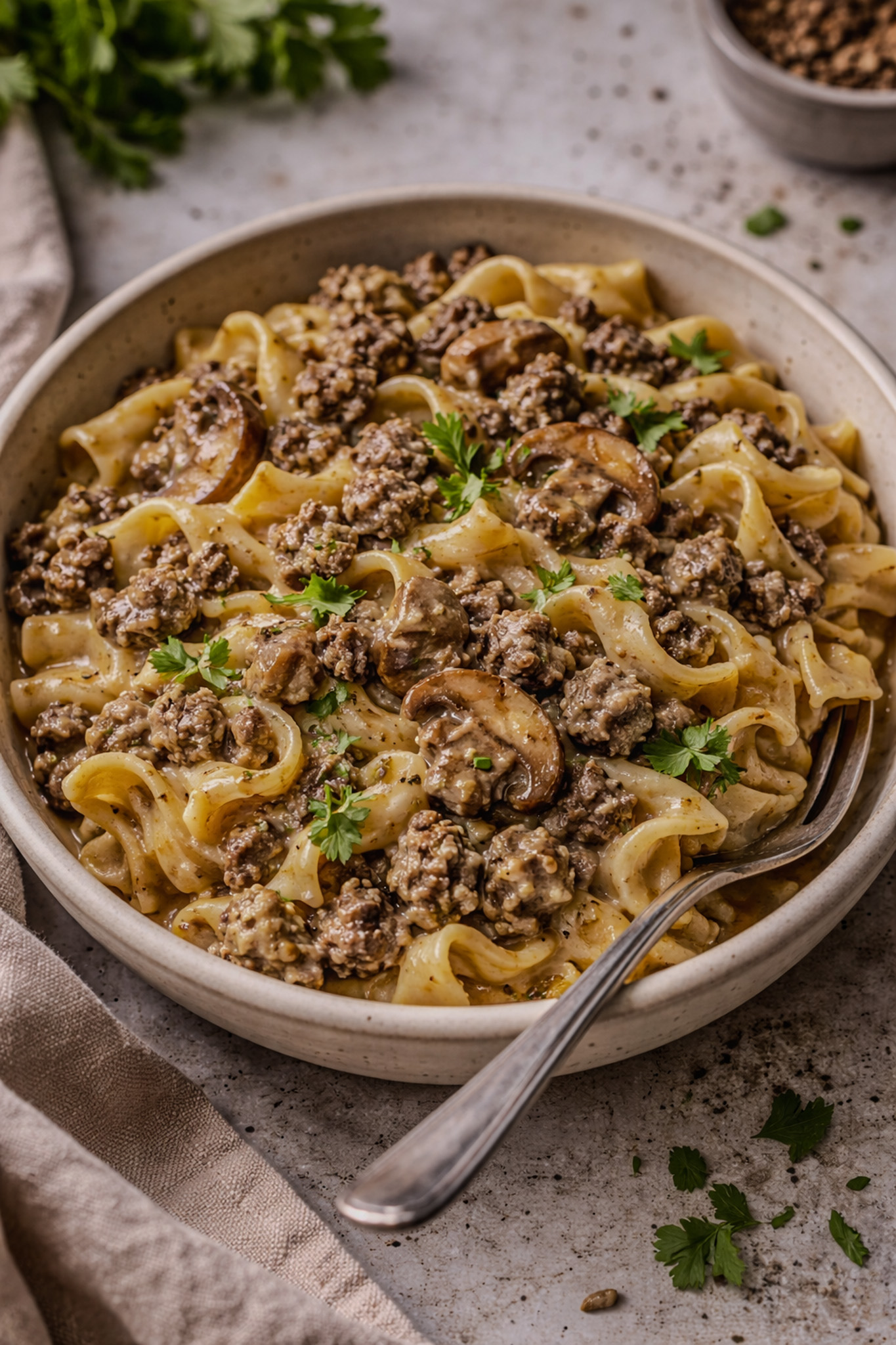 Creamy ground beef stroganoff with mushrooms and egg noodles in a skillet