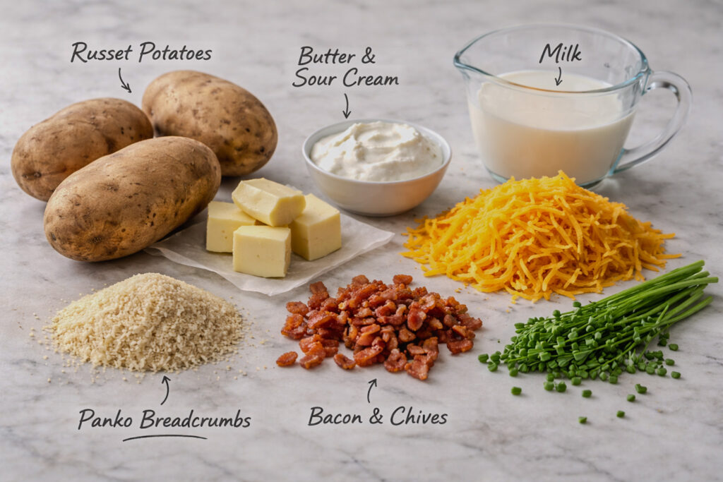 Raw ingredients for baked cheddar mashed potatoes including russet potatoes, butter, sour cream, milk, cheddar cheese, panko breadcrumbs, bacon, and chives arranged separately on a kitchen counter