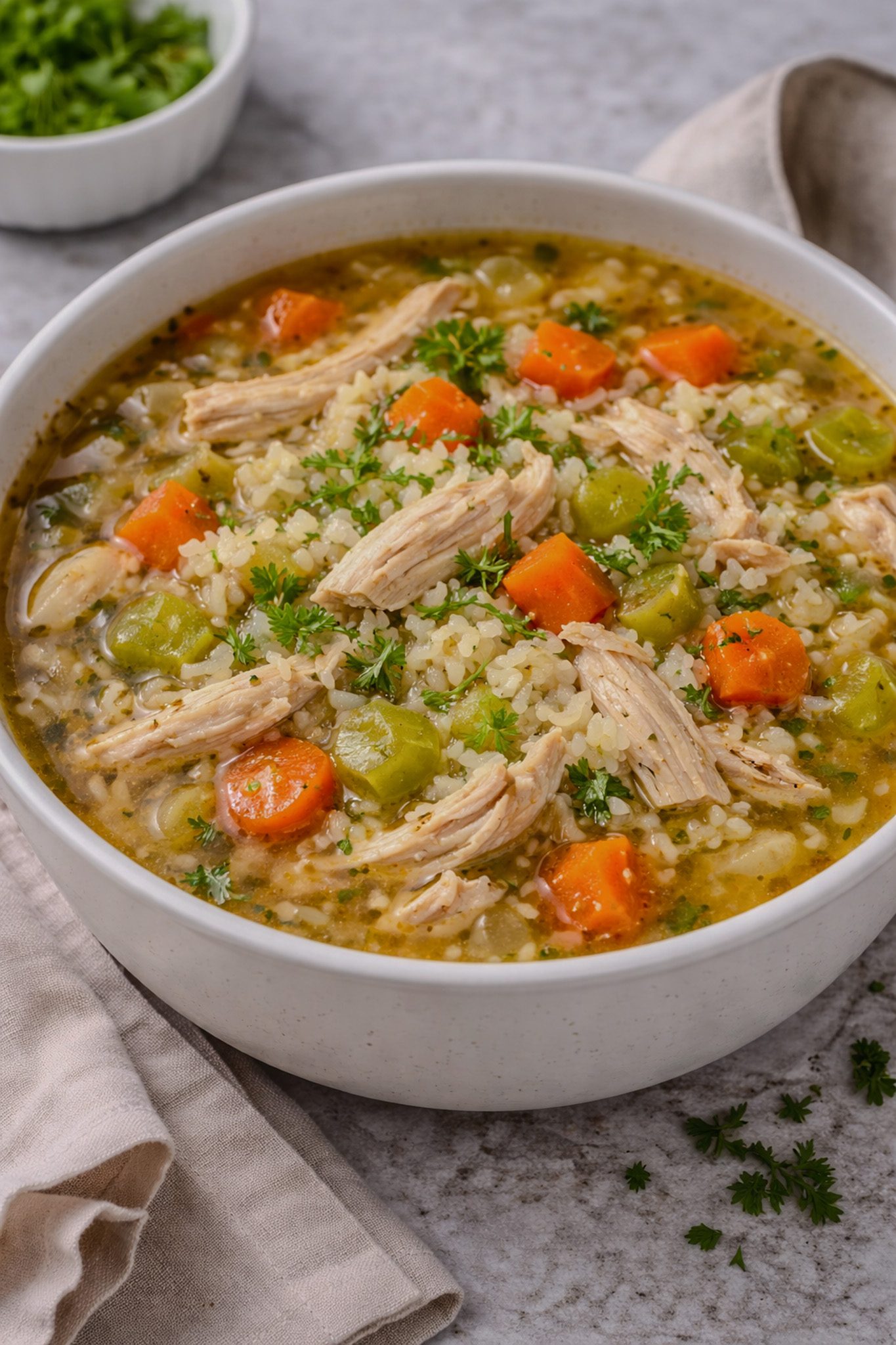 Bowl of homemade chicken and rice soup with tender chicken, vegetables, and rice added at serving time