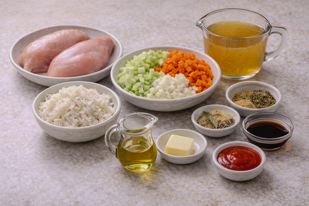 Raw ingredients for chicken and rice soup including chicken breasts, diced onion, carrots and celery, cooked white rice, chicken broth, olive oil, butter, garlic, dried herbs, soy sauce, and hot sauce arranged separately on a kitchen counter.