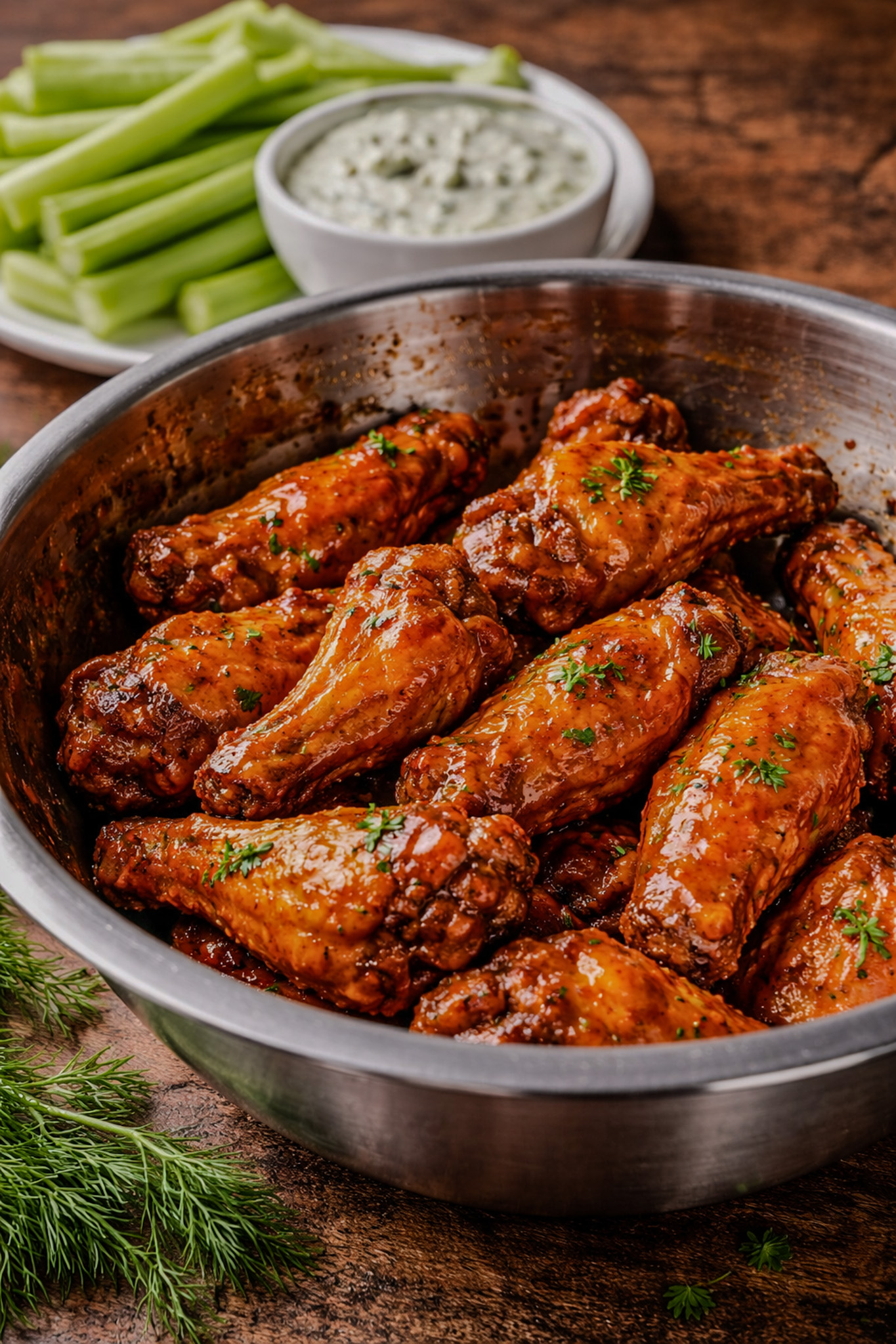crispy buffalo chicken wings tossed in classic buffalo sauce with celery and dipping sauces