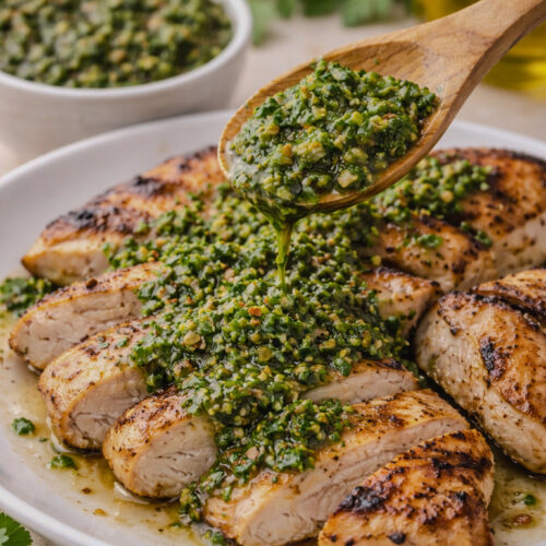 Traditional chimichurri sauce made with parsley, garlic, olive oil, and red wine vinegar in a bowl with spoon.