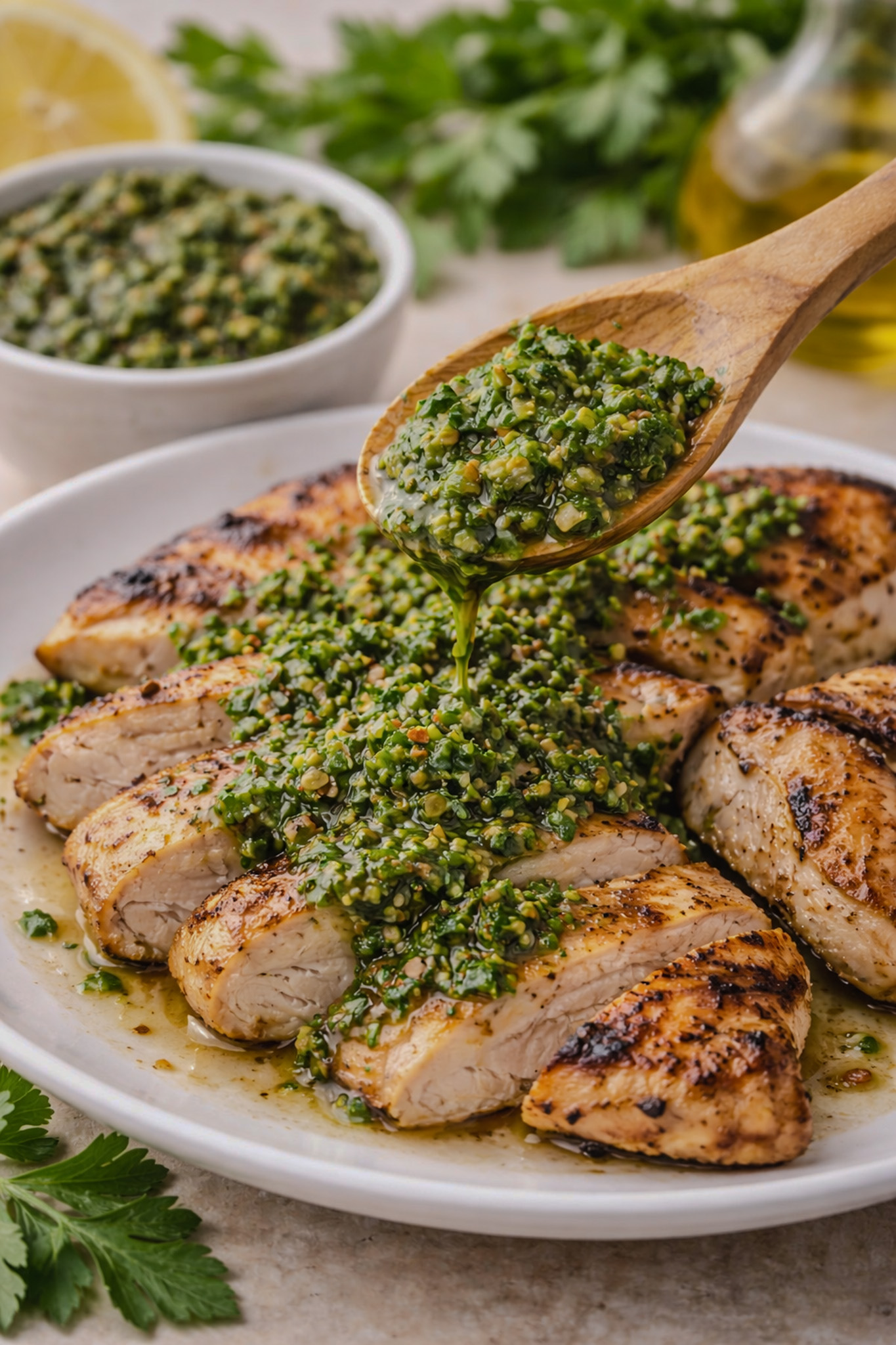Traditional chimichurri sauce made with parsley, garlic, olive oil, and red wine vinegar in a bowl with spoon.