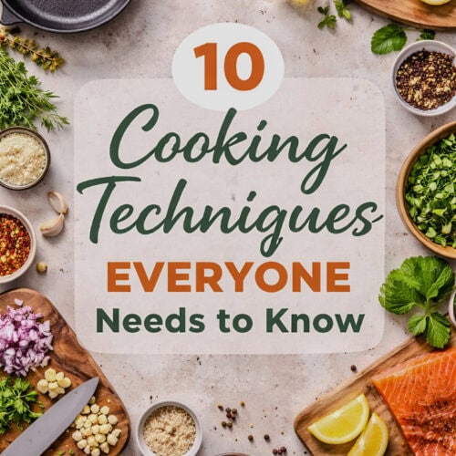 Fresh ingredients and kitchen tools illustrating 10 basic cooking techniques for beginners