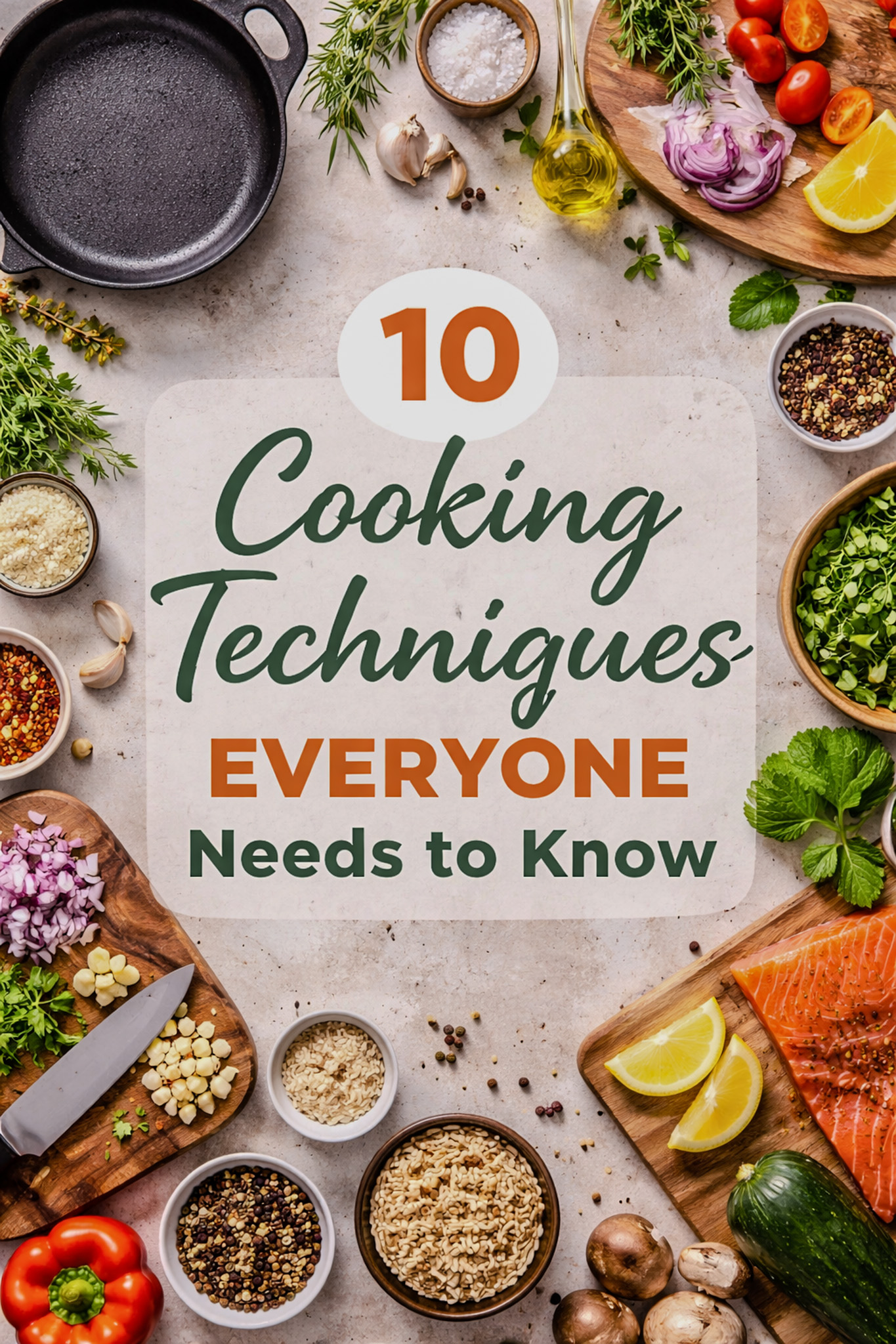 Fresh ingredients and kitchen tools illustrating 10 basic cooking techniques for beginners