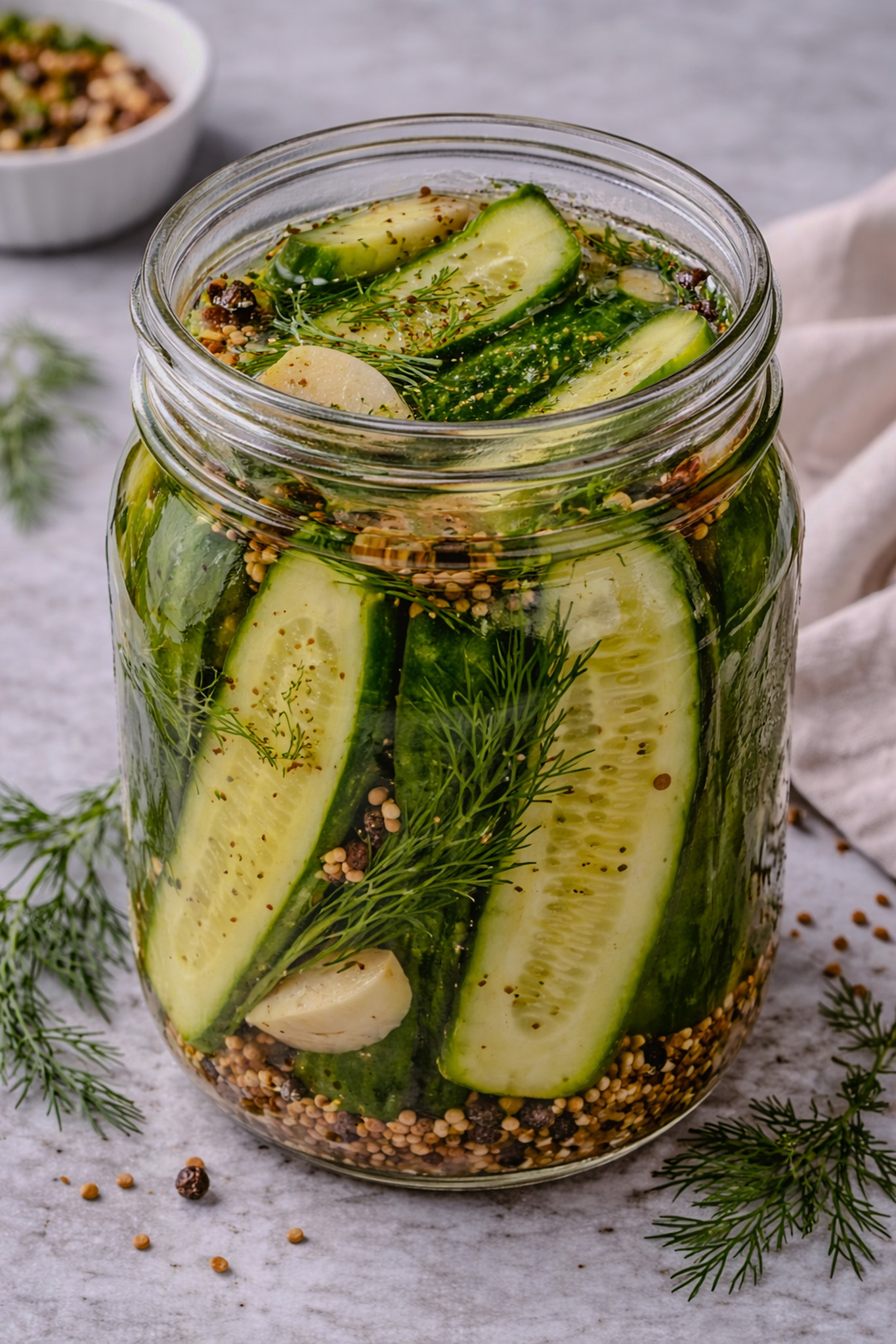 Homemade refrigerator dill pickles in a mason jar with fresh dill, garlic, and spices