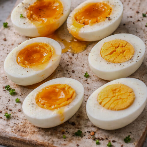 Soft, jammy, and hard-boiled eggs sliced in half showing different yolk textures.