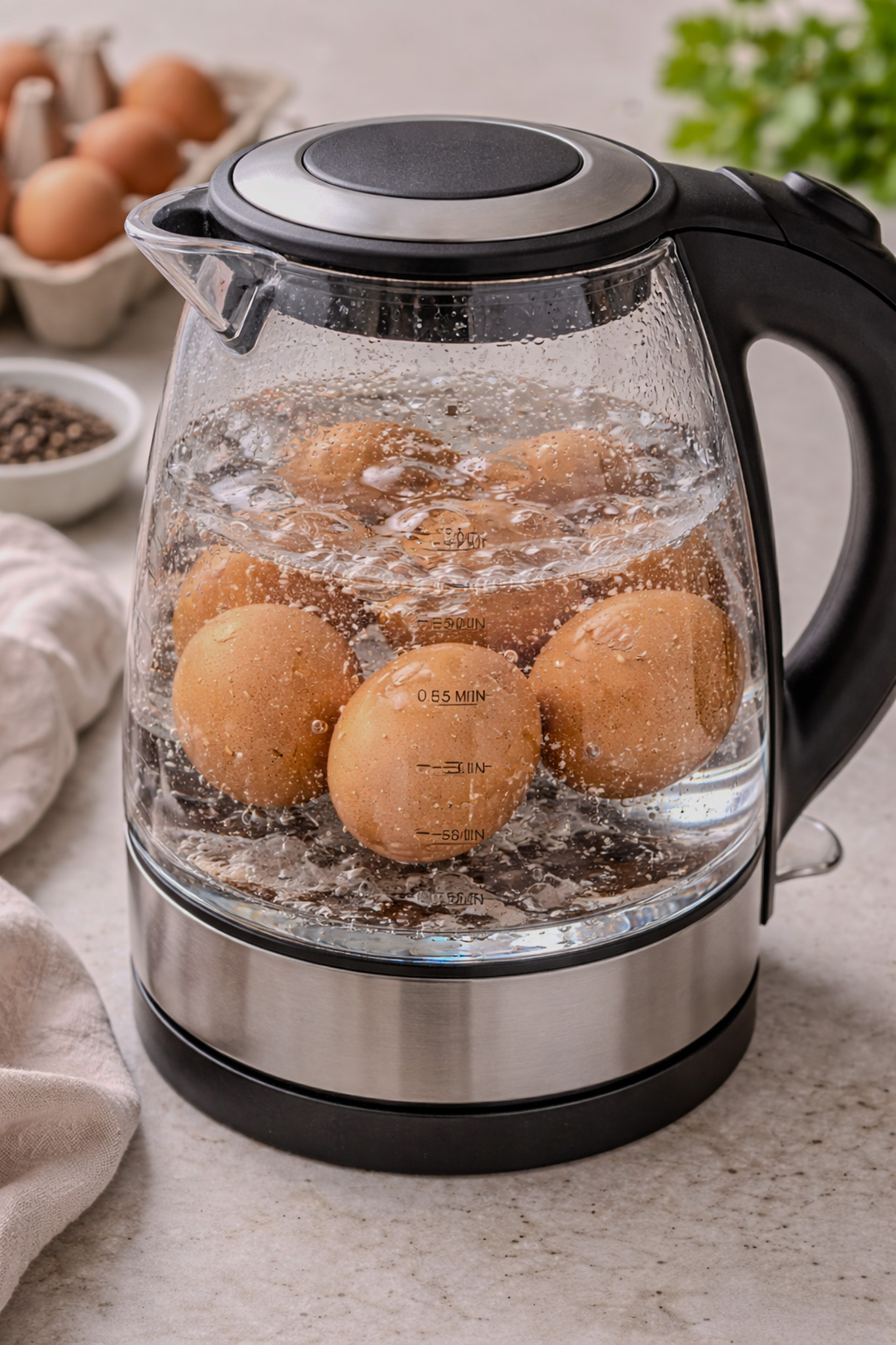 Eggs submerged in water inside a glass electric kettle before boiling.
