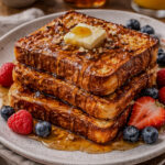 Stack of golden brioche French toast topped with butter, maple syrup, and fresh berries on a plate.