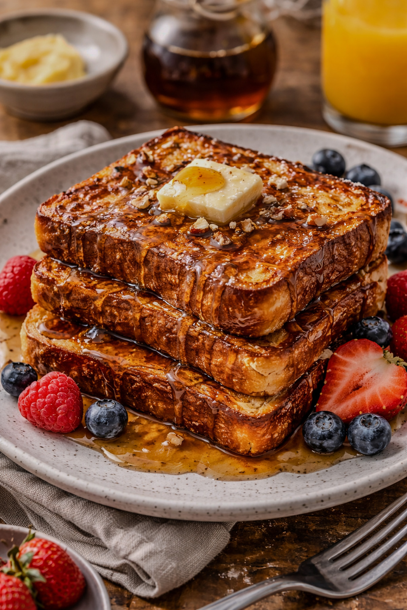 Stack of golden brioche French toast topped with butter, maple syrup, and fresh berries on a plate.