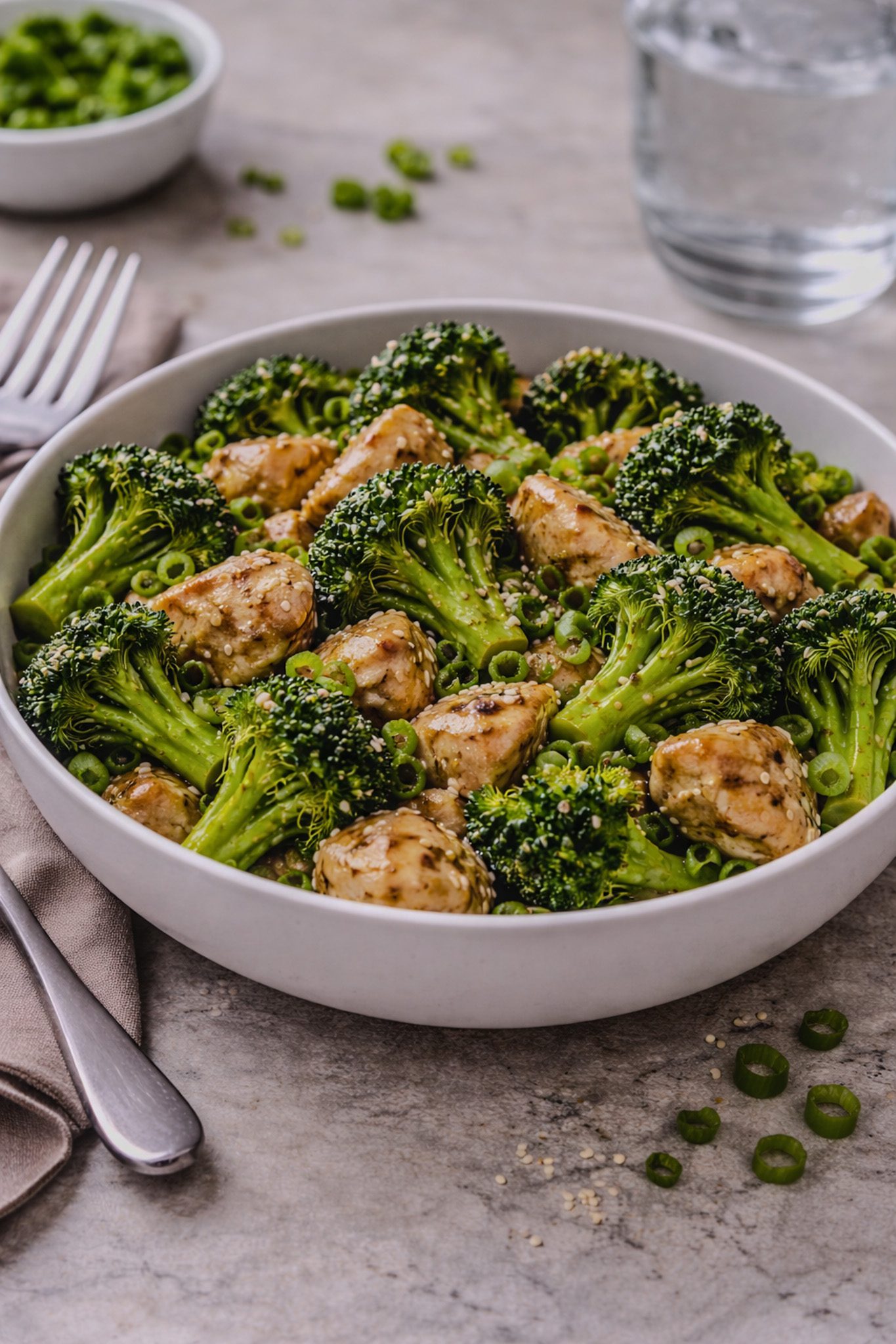 Healthy chicken and broccoli stir fry cooked in a skillet with sesame oil and honey garlic sauce