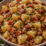 Warm German potato salad with bacon and parsley served in a bowl