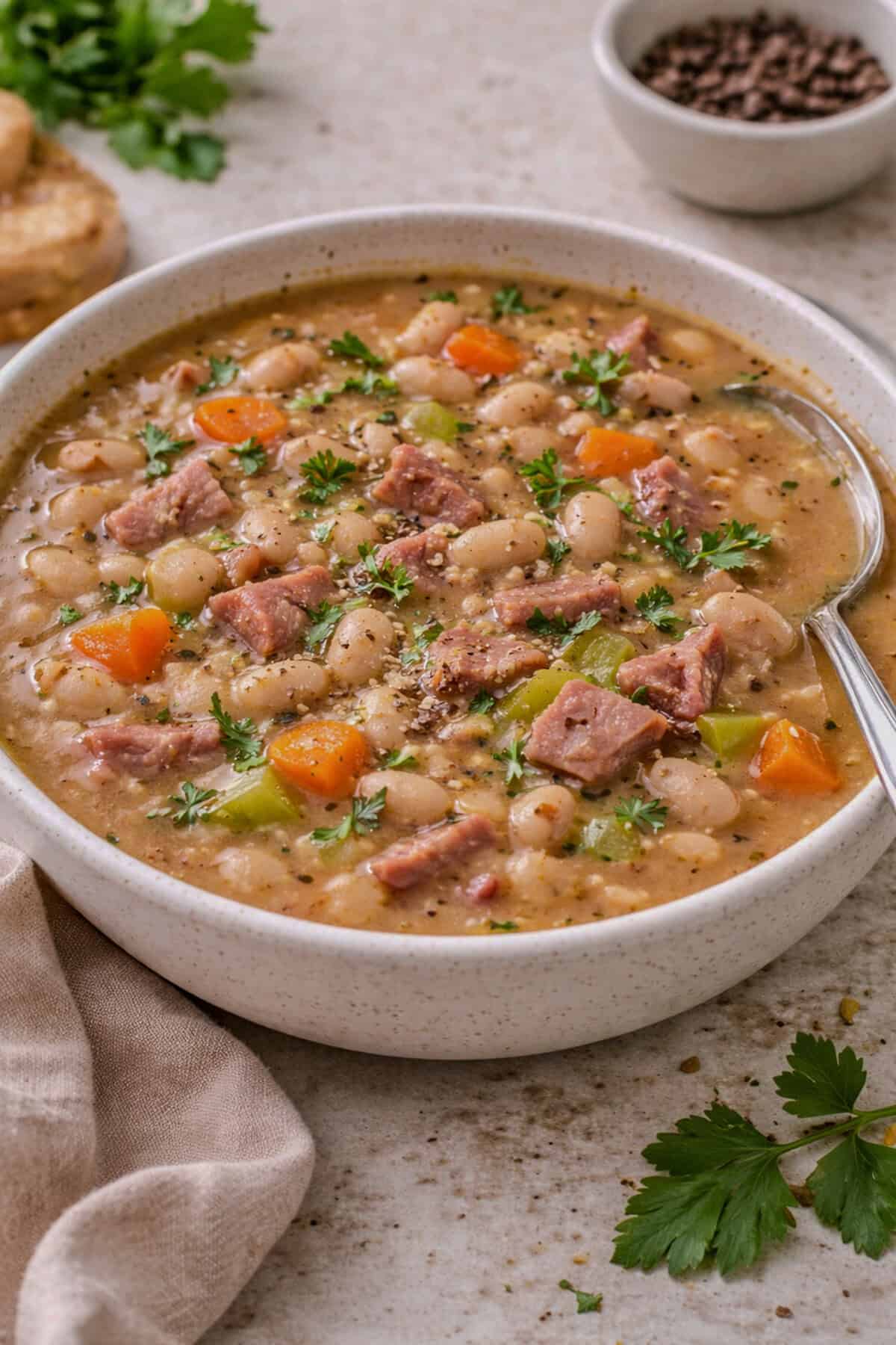 Bowl of ham and bean soup with carrots and celery on a kitchen table.