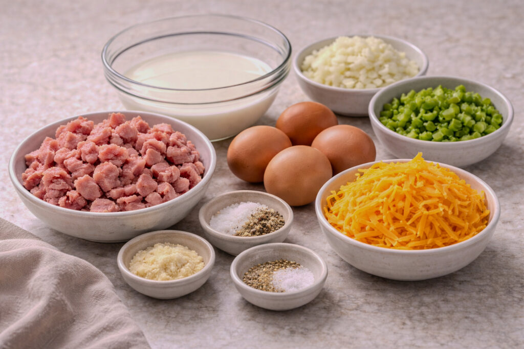 Raw ingredients for ham and cheese breakfast casserole including cubed ham, shredded cheddar, eggs, milk, Bisquick, onion, and green pepper arranged separately on a kitchen counter.