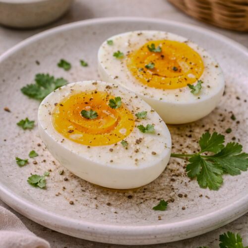 Halved hard-boiled eggs with firm yellow yolks seasoned with salt and black pepper on a plate.
