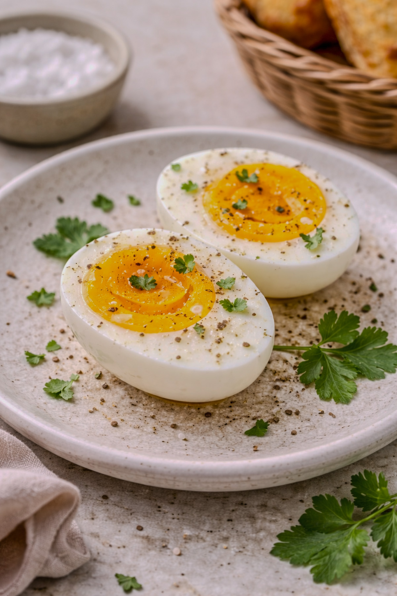 Halved hard-boiled eggs with firm yellow yolks seasoned with salt and black pepper on a plate.