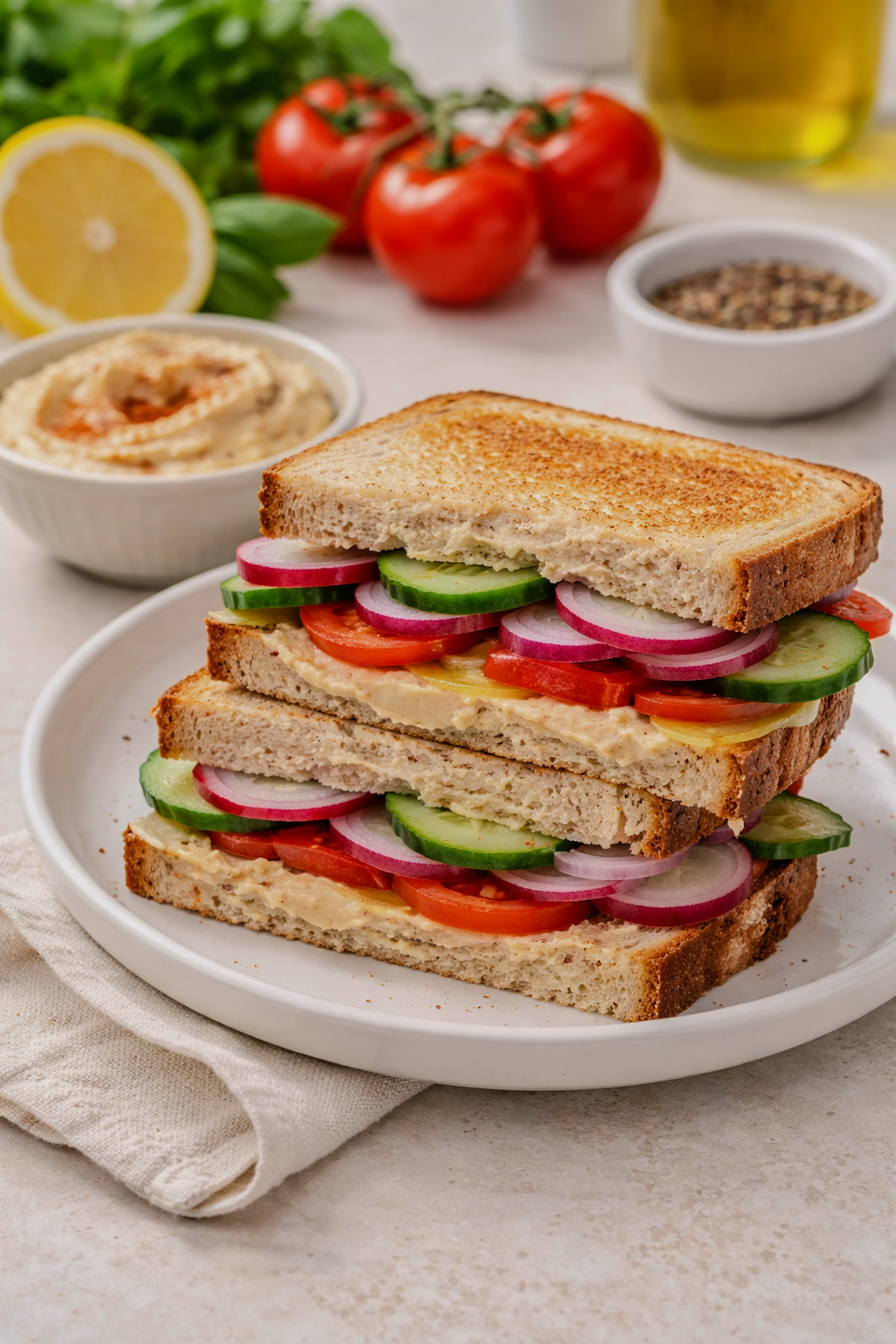 Hummus vegetable sandwich with cucumber, radish, tomato, and red onion on toasted bread.