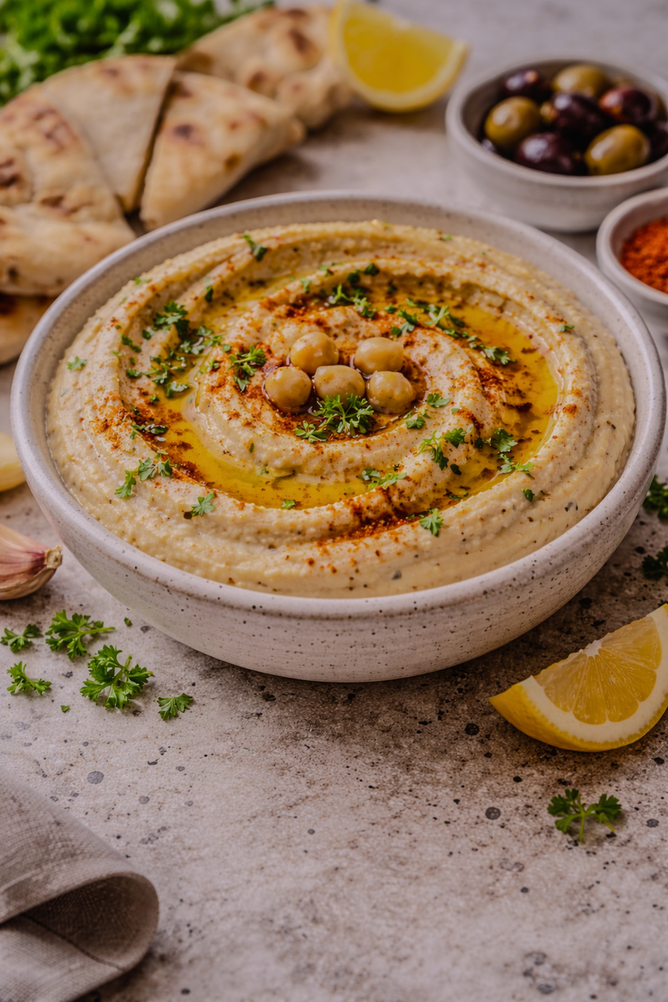Bowl of Israeli hummus drizzled with olive oil and topped with paprika and parsley