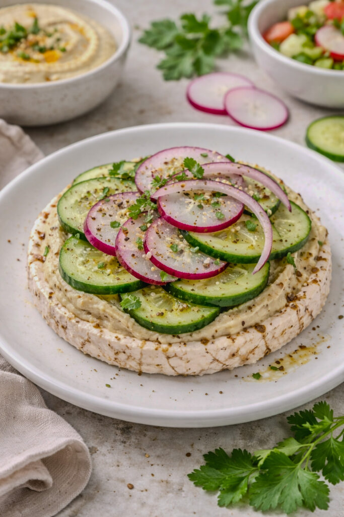 Rice cake topped with hummus, sliced cucumber, radish, and red onion on a white plate.