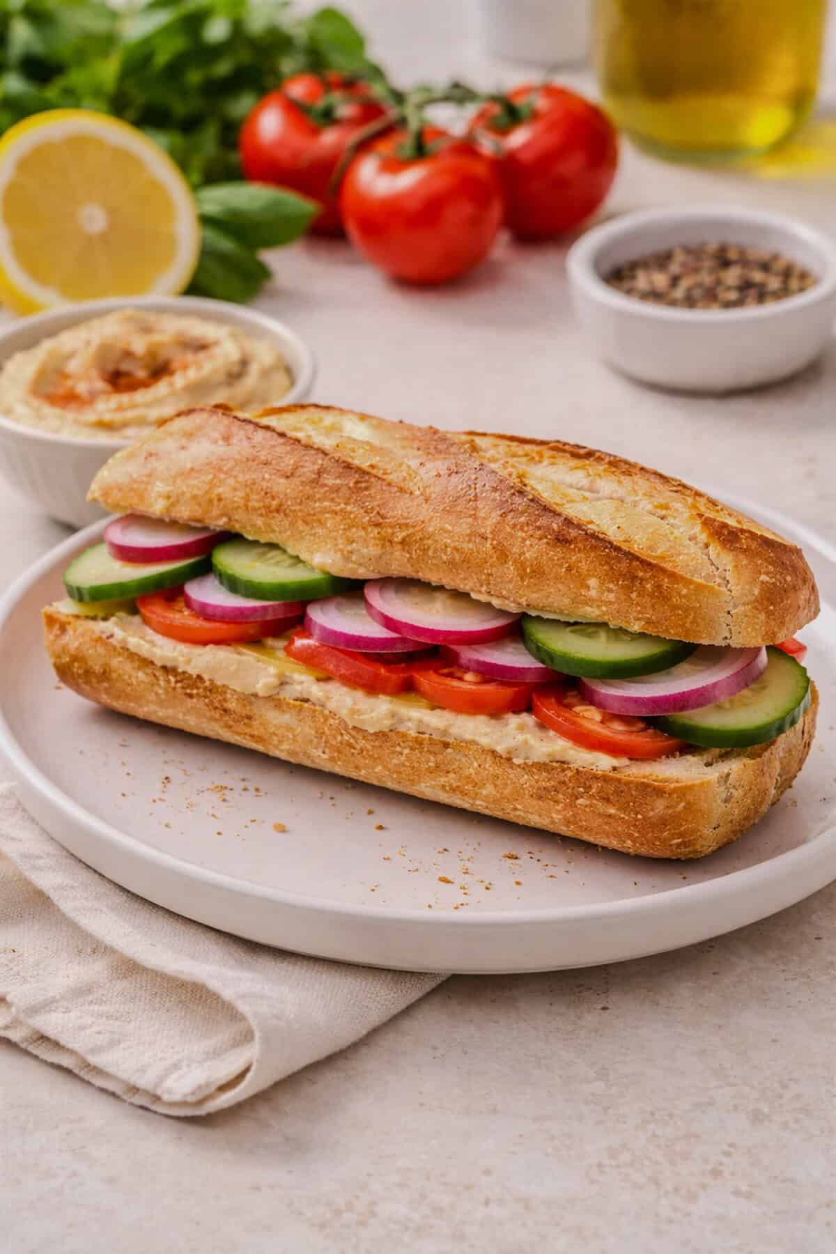Hummus vegetable sandwich with cucumber, radish, tomato, and red onion on toasted bread.
