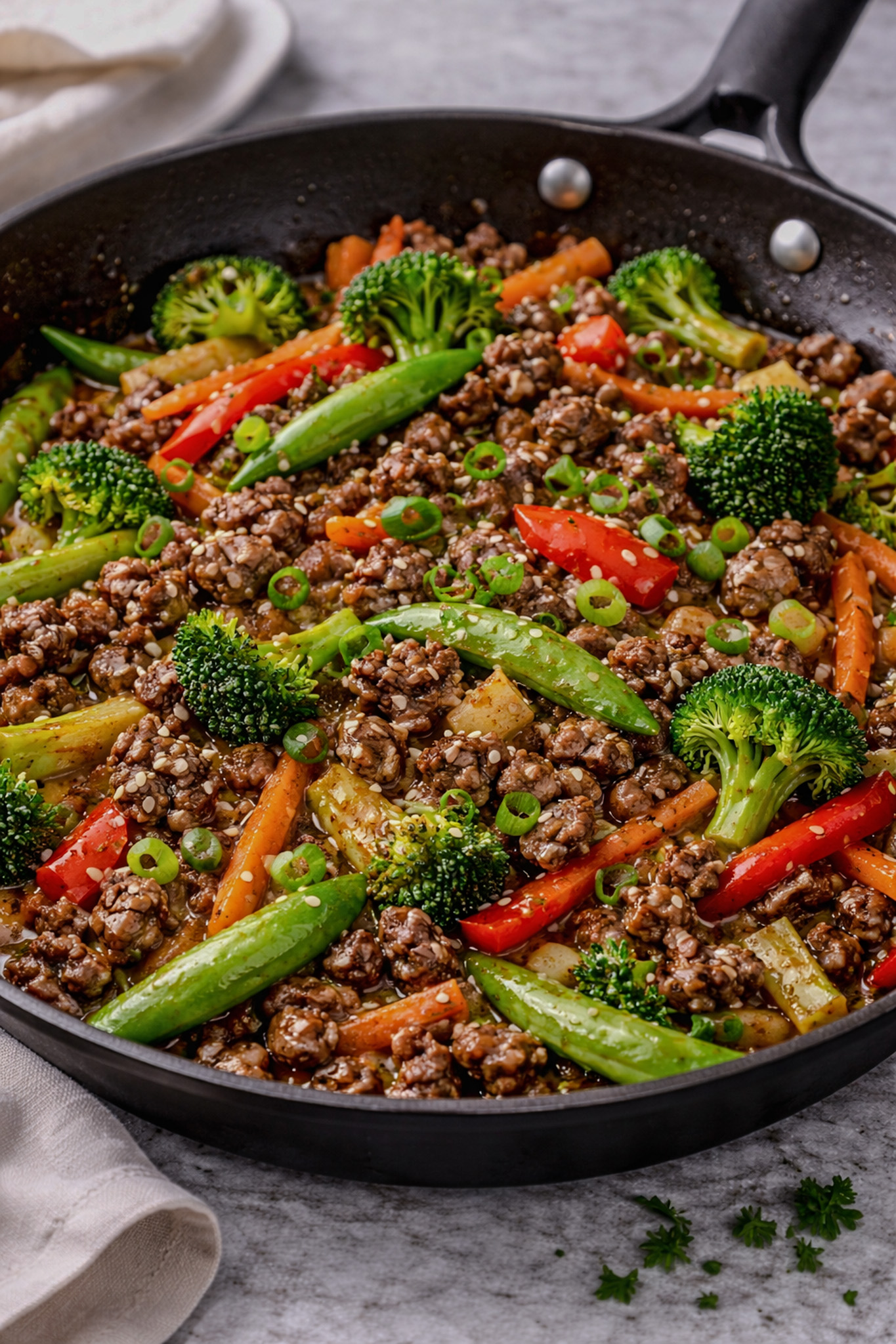 Healthy Korean beef skillet with ground beef, mixed vegetables, and ginger soy sauce in a pan