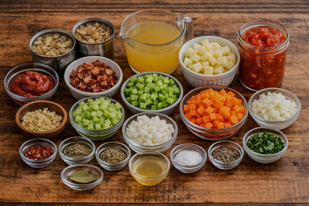 ingredients for Manhattan clam chowder on the counter