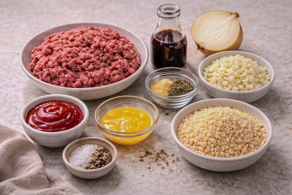 Raw ingredients for classic meatloaf for two including ground beef, egg, minced onion, breadcrumbs, ketchup, Worcestershire sauce, garlic powder, and marjoram arranged separately on a kitchen counter.