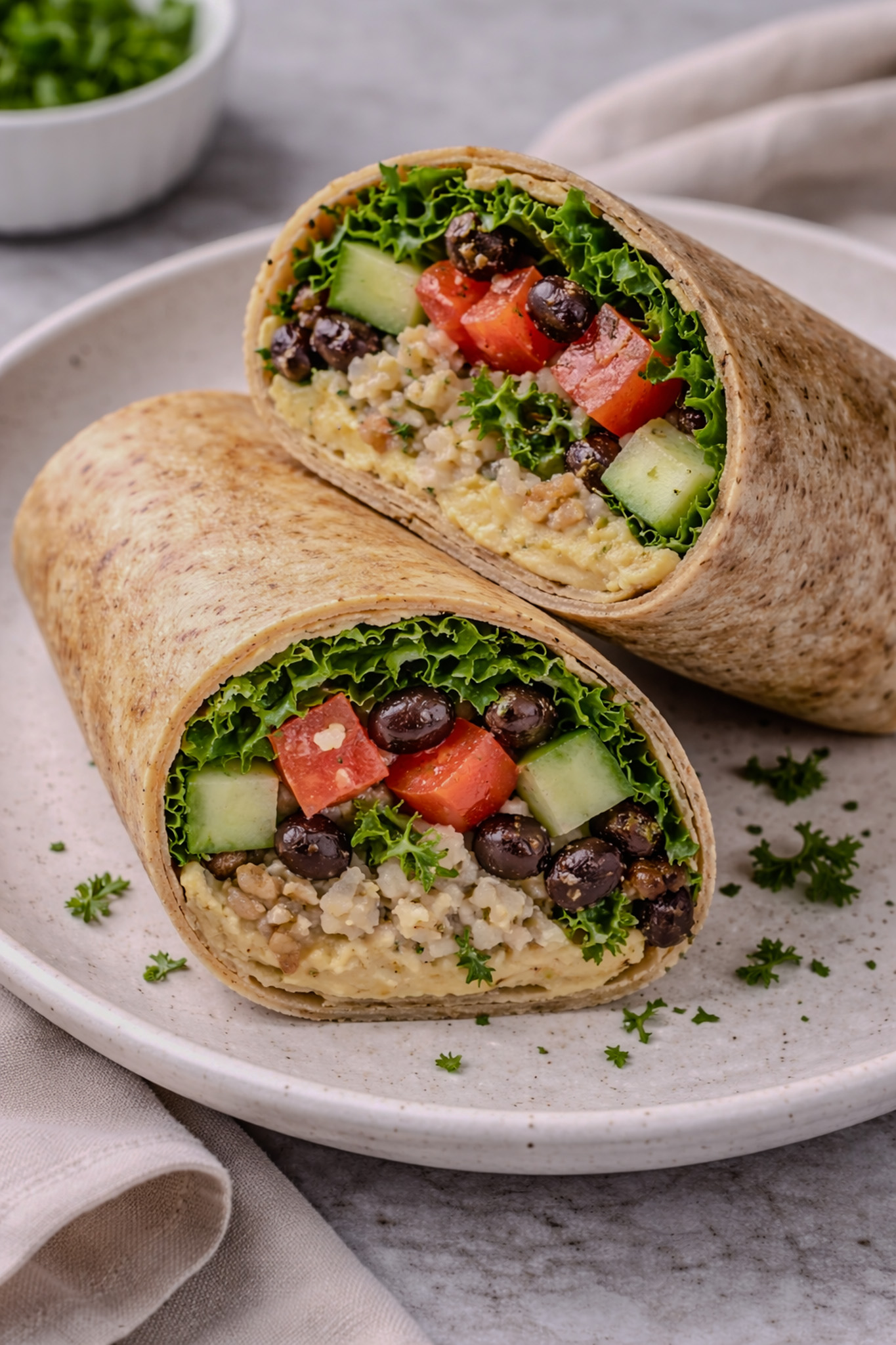 Mediterranean veggie wrap filled with hummus, brown rice, black beans, kale, cucumber, and tomato