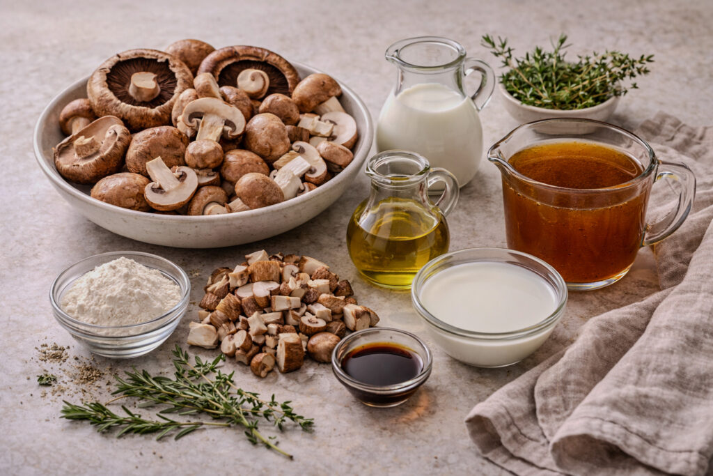Raw ingredients for mushroom soup without cream including portobello and cremini mushrooms, olive oil, flour, vegetable broth, milk, fresh thyme, rosemary, and soy sauce arranged on a kitchen counter.