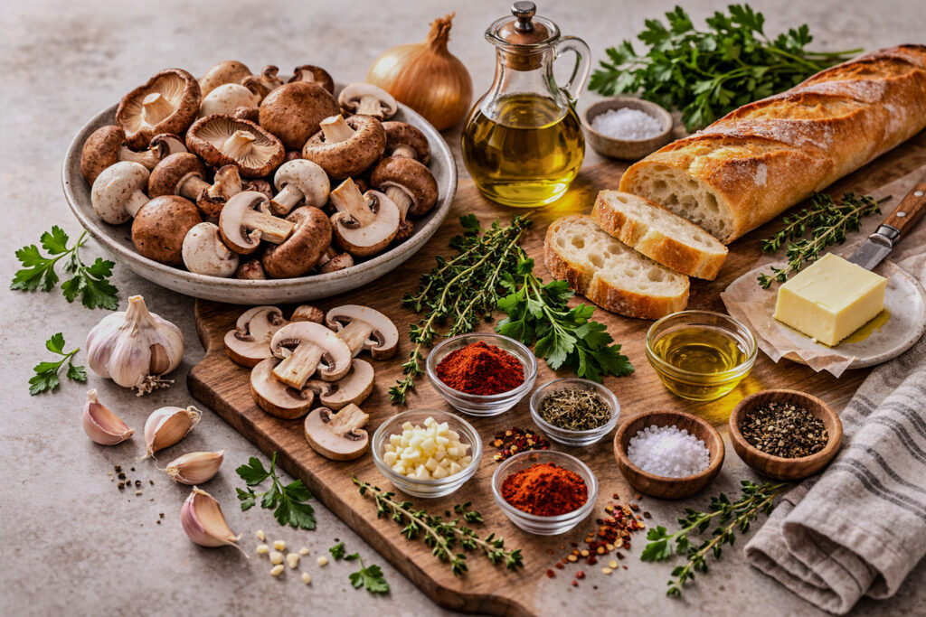 Raw mushrooms, baguette, butter, olive oil, smoked paprika, and fresh parsley arranged on a kitchen counter for mushroom toast recipe.