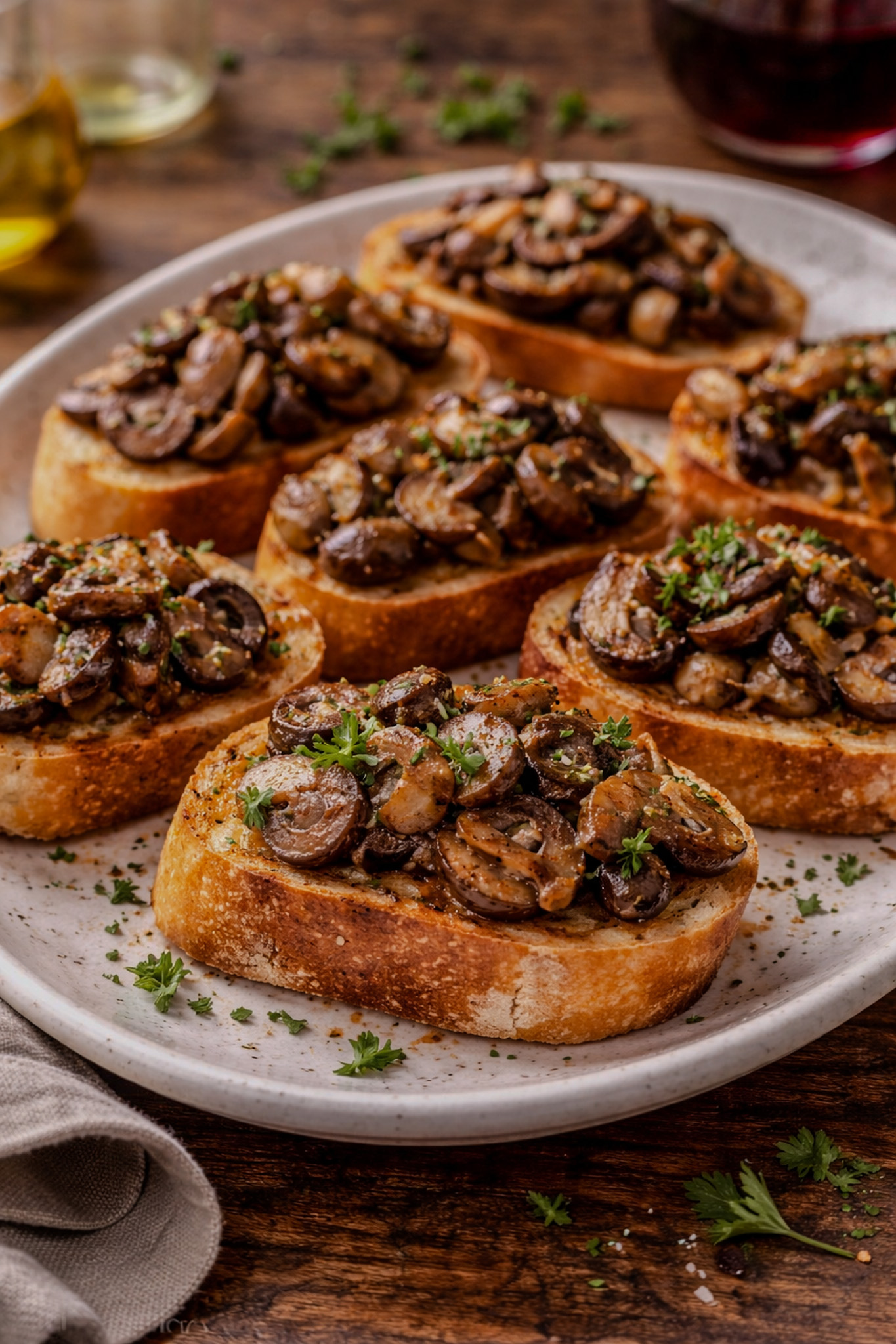 Mushroom and garlic baguette toasts topped with sautéed mushrooms and herbs on a wooden serving board