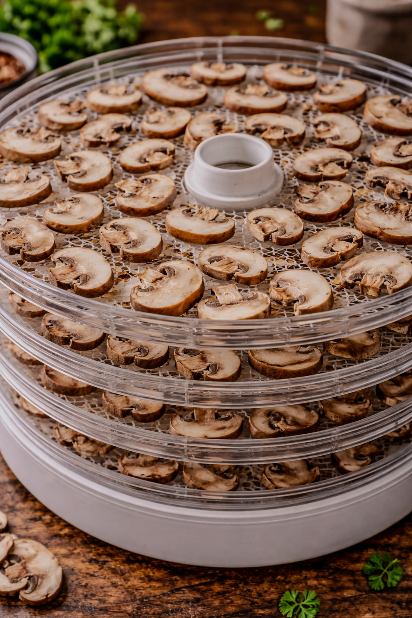 Sliced mushrooms arranged in a single layer on dehydrator trays drying at home